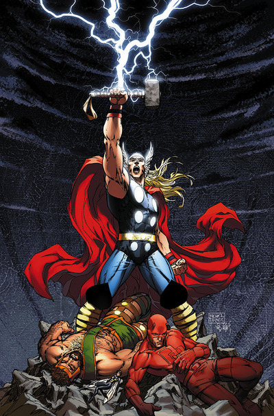 Thor kicks Daredevil and Hercules' ass.