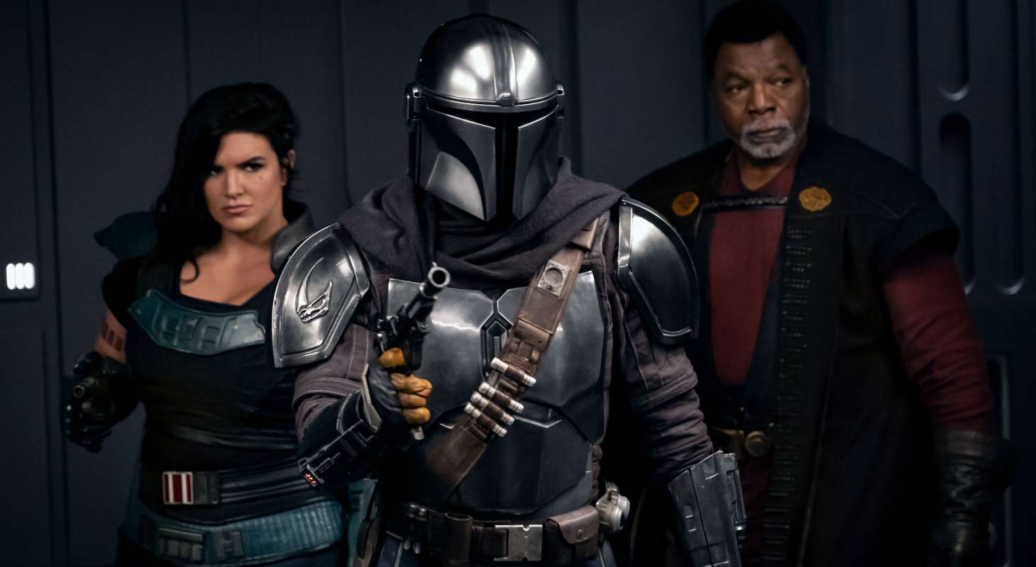 The-Mandalorian-Gina Carano is Cara Dune Pedro Pascal is the Mandalorian and Carl Weathers is Greef Karga in THE MANDALORIAN season two exclusively on Disney+
