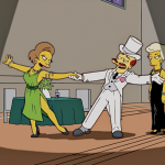 A dapper Groundskeeper Willie dances with Mrs. Krabappel in "My Fair Laddy," The Simpsons.
