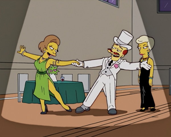 A dapper Groundskeeper Willie dances with Mrs. Krabappel in "My Fair Laddy," The Simpsons.