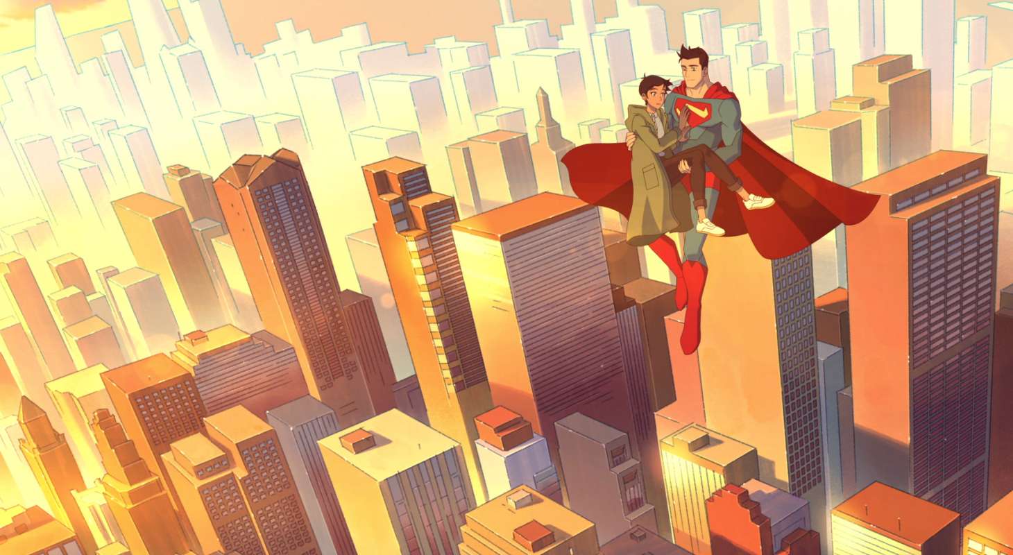 Superman and Lois from My Adventures With Superman flying above city.