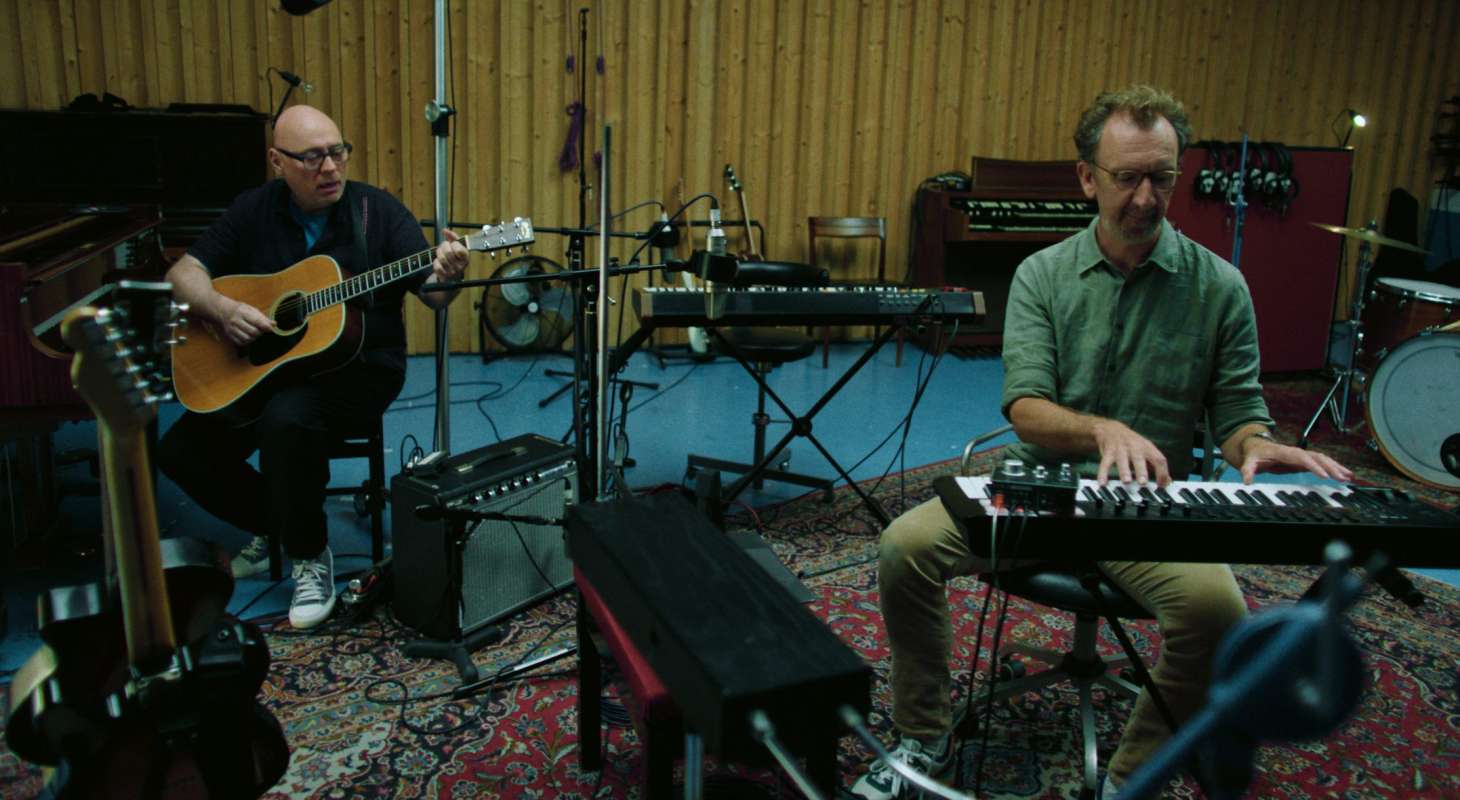 Composer Gary Clark and director John Carney working on the music for “Flora and Son,” premiering September 29, 2023 on Apple TV+.