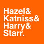 The logo for Hazel & Katniss & Harry & Starr podcast: an orange box with the words written in white font