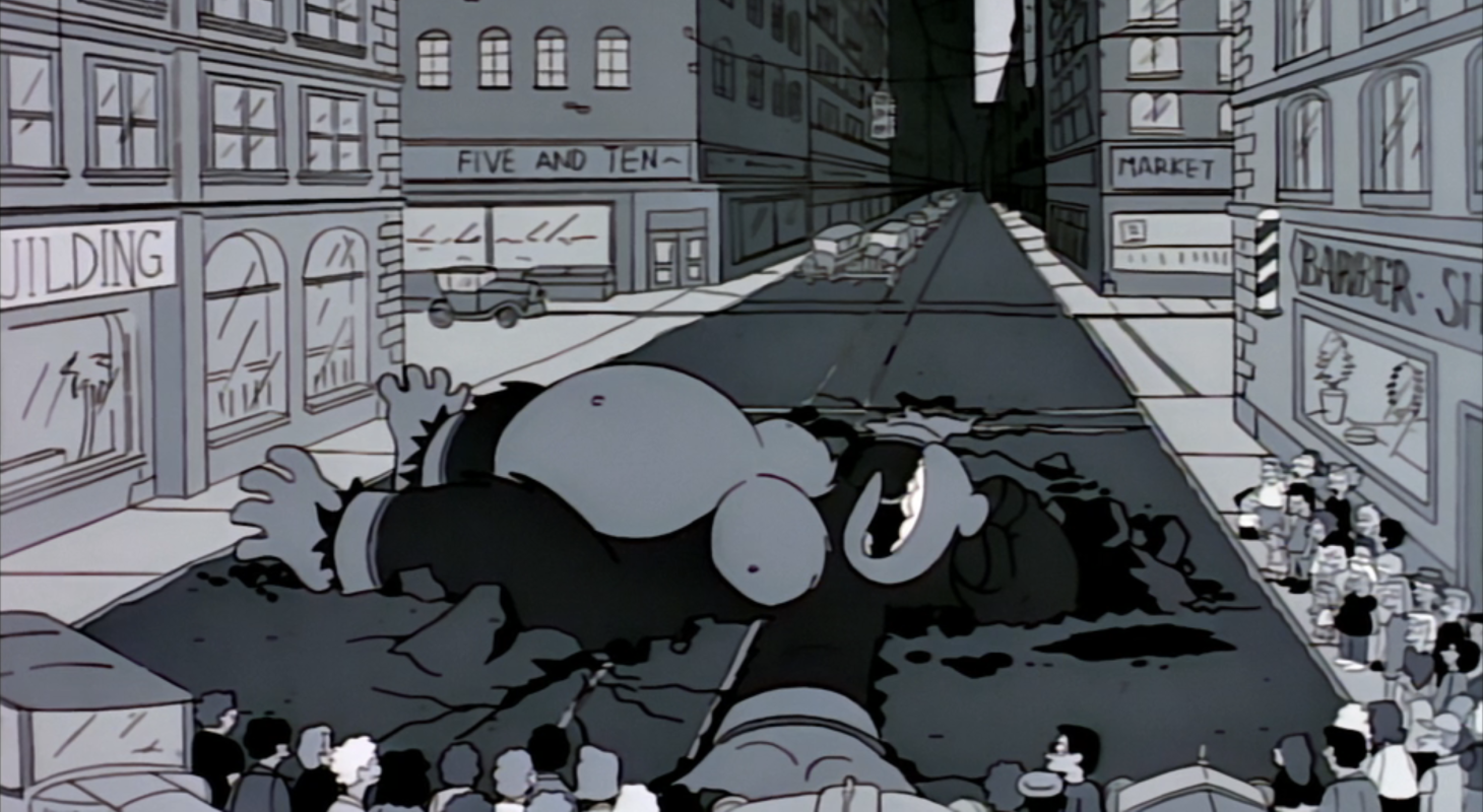 King Homer collapses in the street in Treehouse of Horror III, The Simpsons.
