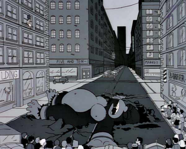 King Homer collapses in the street in Treehouse of Horror III, The Simpsons.