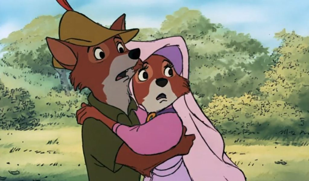 Robin Hood and Maid Marian hugging 1973 animated film