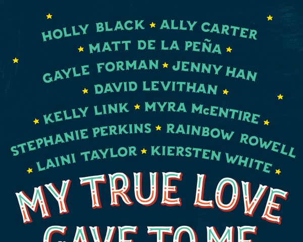 The book cover of My True Love Gave To Me, featuring cartoon figures skating on a pond in the woods
