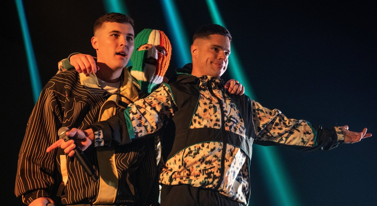LIAM ÓG Ó HANNAIDH as Mo Chara or Liam Óg, JJ Ó DOCHARTAIGH as DJ Próvai or JJ, NAOISE Ó CAIREALLÁIN as Móglaí Bap or Naoise in 'Kneecap’ Image: Helen Sloan. Courtesy of Sony Pictures Classics