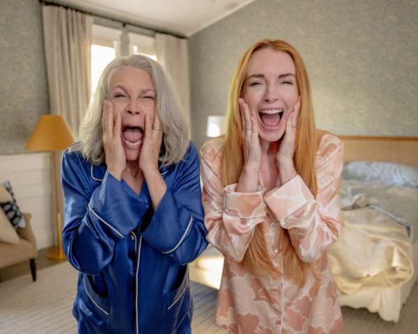 (L-R) Jamie Lee Curtis as Tess Coleman and Lindsay Lohan as Anna Coleman in Disney's live-action FREAKIER FRIDAY. Photo by Glen Wilson © 2024 Disney Enterprises, Inc. All Rights Reserved.