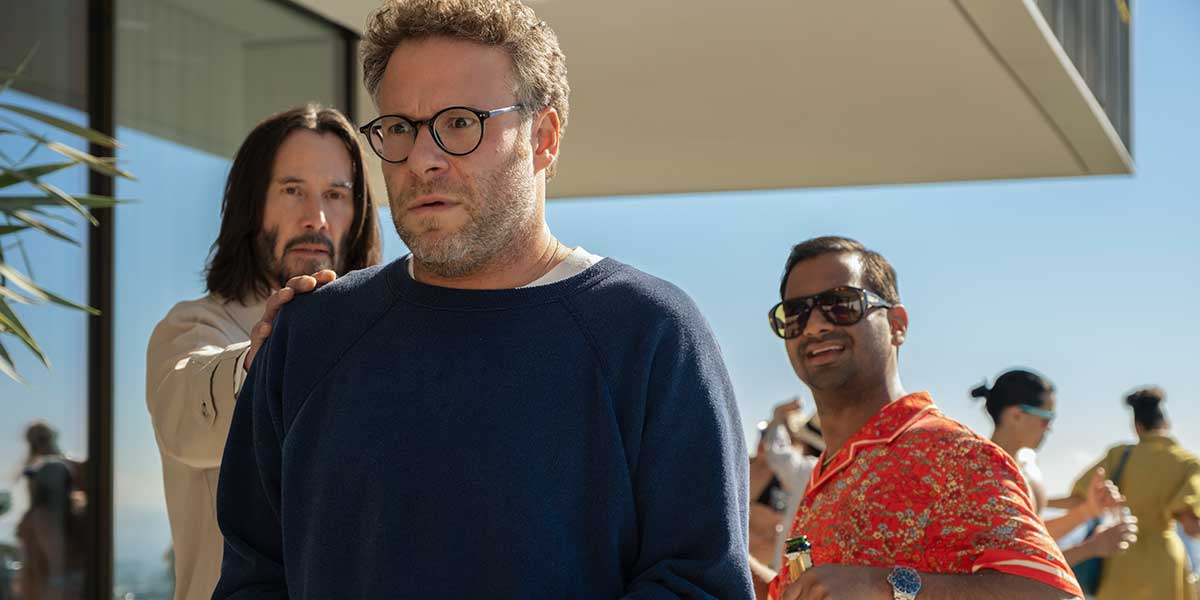Keanu Reeves as Gabriel, Seth Rogen as Jeff, and Aziz Ansari as Arj, respectively, in Good Fortune