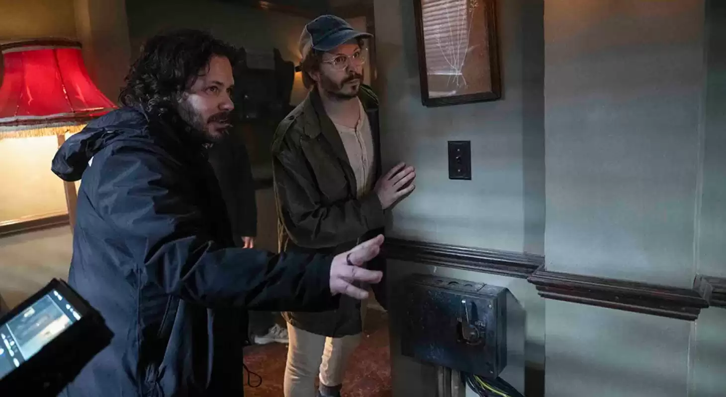 Edgar Wright and Michael Cera on set for The Running Man