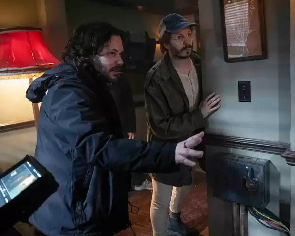 Edgar Wright and Michael Cera on set for The Running Man