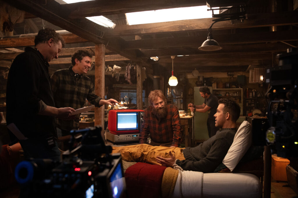Directors, producers and writers Jonathan Goldstein and John Francis Daley behind the scenes with Kenneth Branagh and Ryan Reynolds on the set of “Mayday,” premiering on September 4, 2026 on Apple TV.