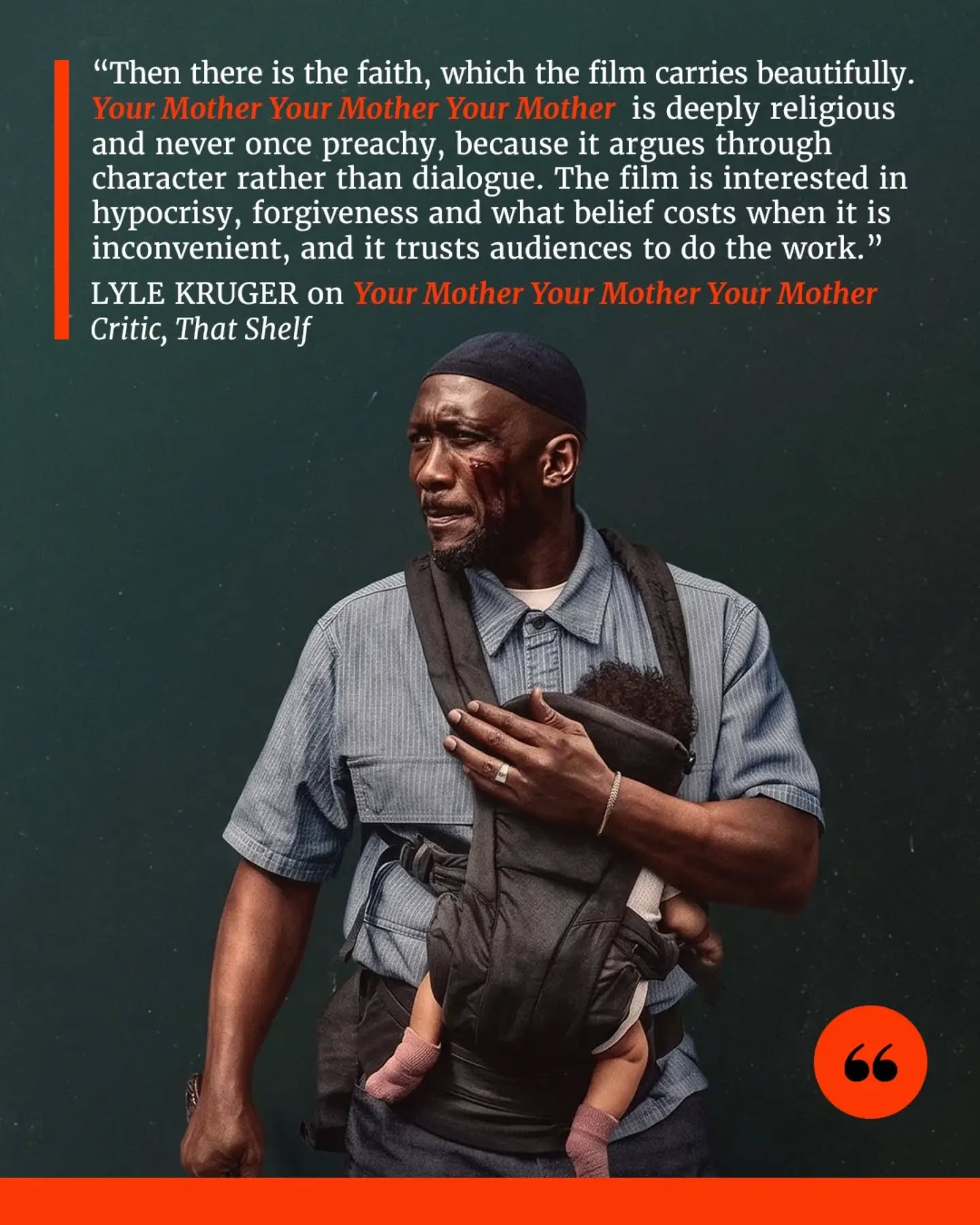 Your Mother Your Mother Your Mother follows Latif, a devout Muslim and hitman whose life takes a turn after his wife’s death leaves him caring for their three children. With his infant refusing formula and their supply of breast milk running out, Latif must navigate a dangerous world of crime and violence while trying to provide for his family.

Mahershala Ali delivers an extraordinary performance in this striking blend of crime thriller, dark comedy, and religious parable. Bassam Tariq explores faith, fatherhood, hypocrisy, and forgiveness without losing sight of the tenderness at the film’s heart. Despite some uneven pacing near the end, it’s a bold, moving, and unforgettable film that stands apart from anything else this year.

📝 Full review by Lyle Kruger now up on That Shelf (and at the link in our bio).