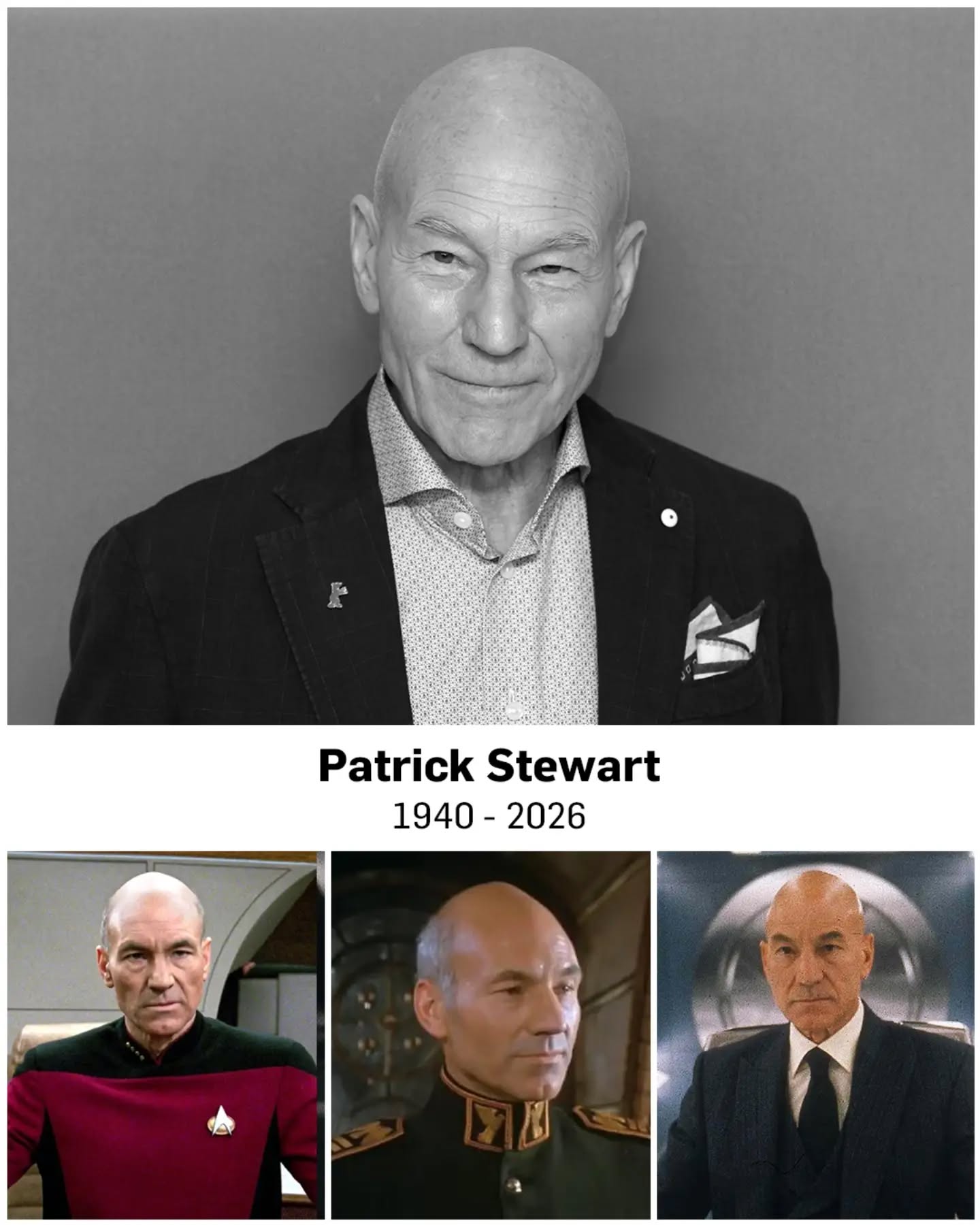 Rest in peace, Patrick Stewart (1940–2026).

A distinguished actor whose career spanned more than six decades, Patrick Stewart brought an unmistakable presence, intelligence, and depth to every role he inhabited. Best known to generations of audiences as Captain Jean-Luc Picard in Star Trek: The Next Generation, he helped define one of science fiction's most beloved characters, carrying that legacy across films, television, and countless adventures throughout the Star Trek universe.

He also became an iconic part of the X-Men franchise as Professor Charles Xavier, bringing warmth, wisdom, and humanity to the legendary mutant leader. Beyond these defining roles, his remarkable filmography includes Excalibur, Dune, Robin Hood: Men in Tights, and Green Room.

Before becoming a household name on screen, Stewart spent years honing his craft with the Royal Shakespeare Company, building a celebrated stage career that reflected his extraordinary command of language and performance. Equally at home in Shakespearean drama, science fiction, comedy, and animation, he was an actor whose versatility extended far beyond his most recognizable characters.

His contributions to theatre, film, and television leave behind an extraordinary legacy. Live long and prosper, Sir Patrick.